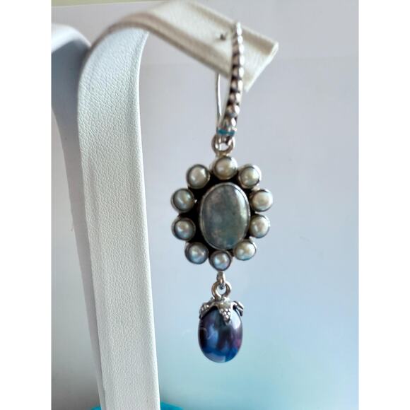 Sterling Silver Labradorite & Peacock Freshwater Pearl Dangle Earrings - Picture 5 of 7